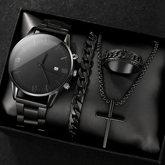 Men's Black Minimalist Quartz Watch, No.2 Link Necklace and Ring