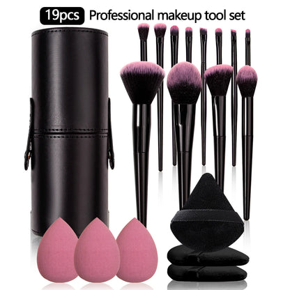19PCS Set of 12 Makeup Brush Sets +3Pcs Triangular Powder Puff +3Pcs Non-Powder Makeup Egg +1Pcs Makeup Brush Storage Bucket