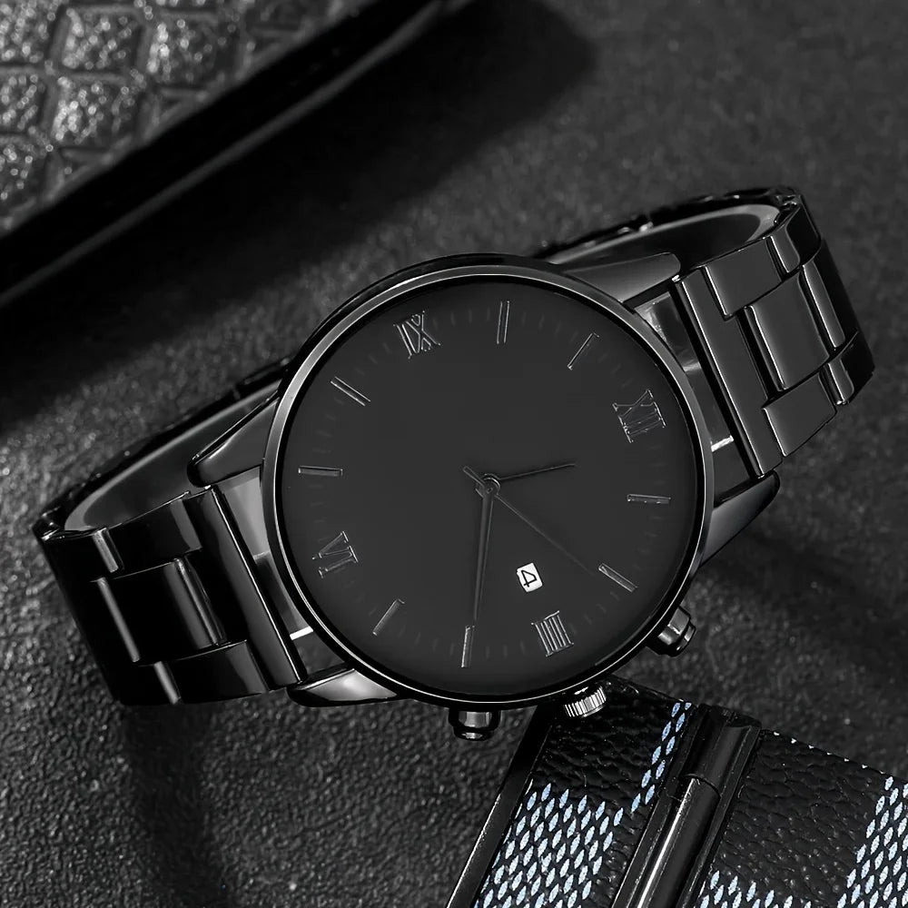 Men's Black Minimalist Quartz Watch, No.2 Link Necklace and Ring