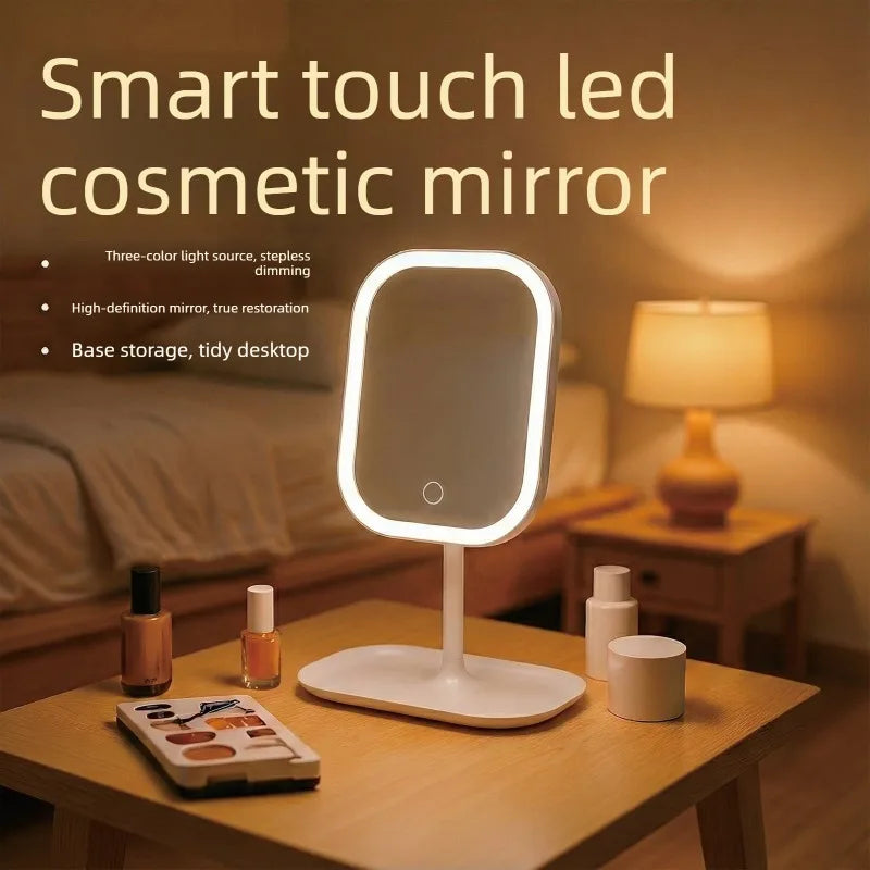 New LED Modern Desktop Vanity Mirror Portable 3 Color Light Touch Control Makeup