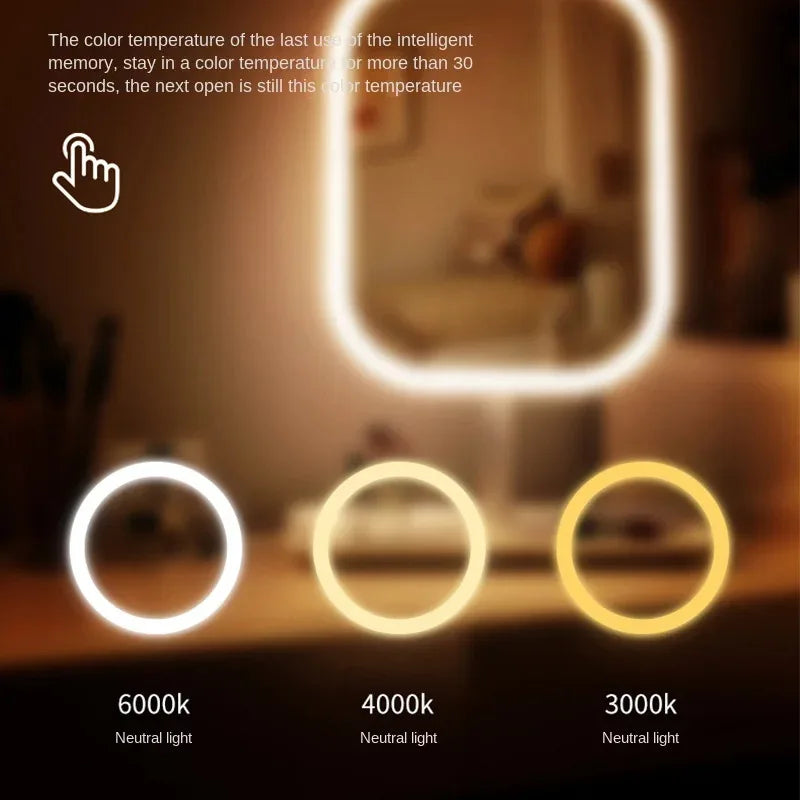 New LED Modern Desktop Vanity Mirror Portable 3 Color Light Touch Control Makeup