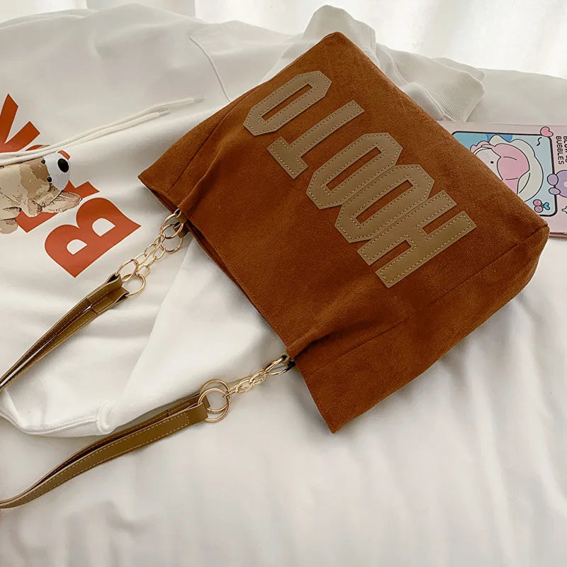 Solid Color Shoulder Bag, Trendy Letters Tote Bag, Canvas Campus Handbag for Women,